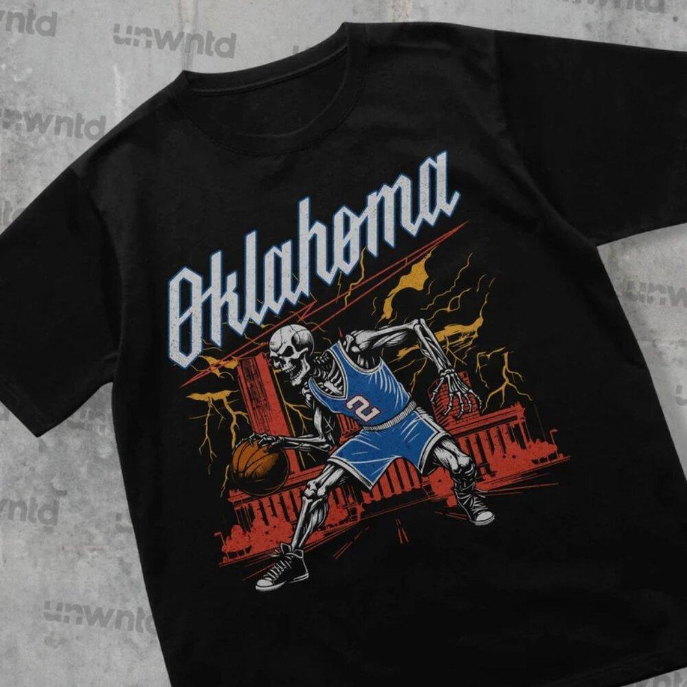 Oklahoma City Basketball Shirt Graphic Tees Skeleton Shirt Retro - Picture 1 of 4